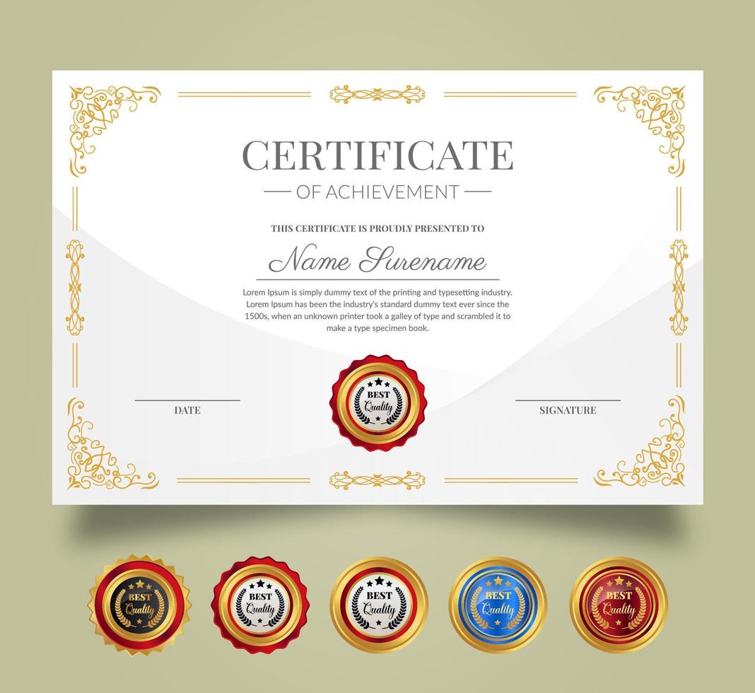 certificado de apreciación y logro modelo. limpiar moderno certificado con oro insignias diploma premio diseño para negocio y educación necesidades. vector