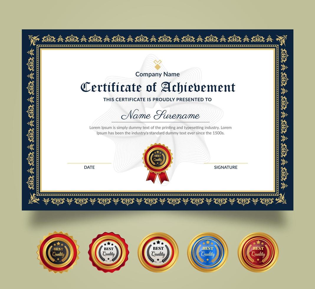 Certificate of Appreciation and Achievement template. Clean modern certificate with gold badges and modern curve line. Diploma award design for business and education needs. vector