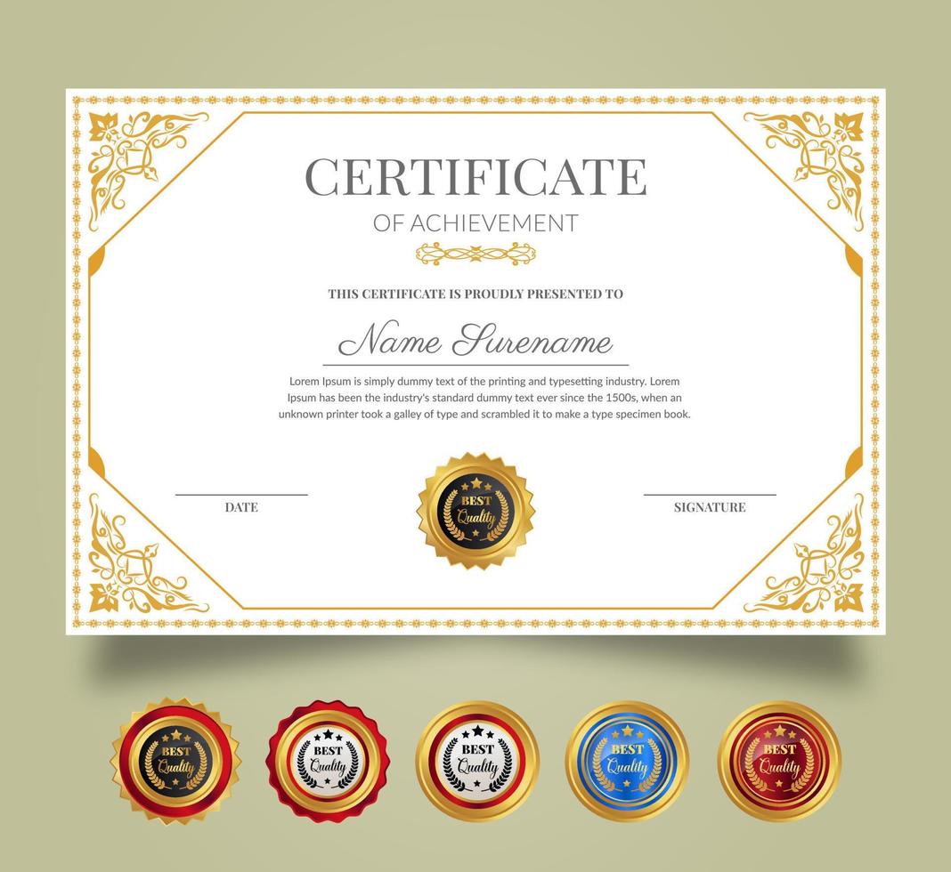 certificado de apreciación y logro modelo. limpiar moderno certificado con oro insignias diploma premio diseño para negocio y educación necesidades. vector