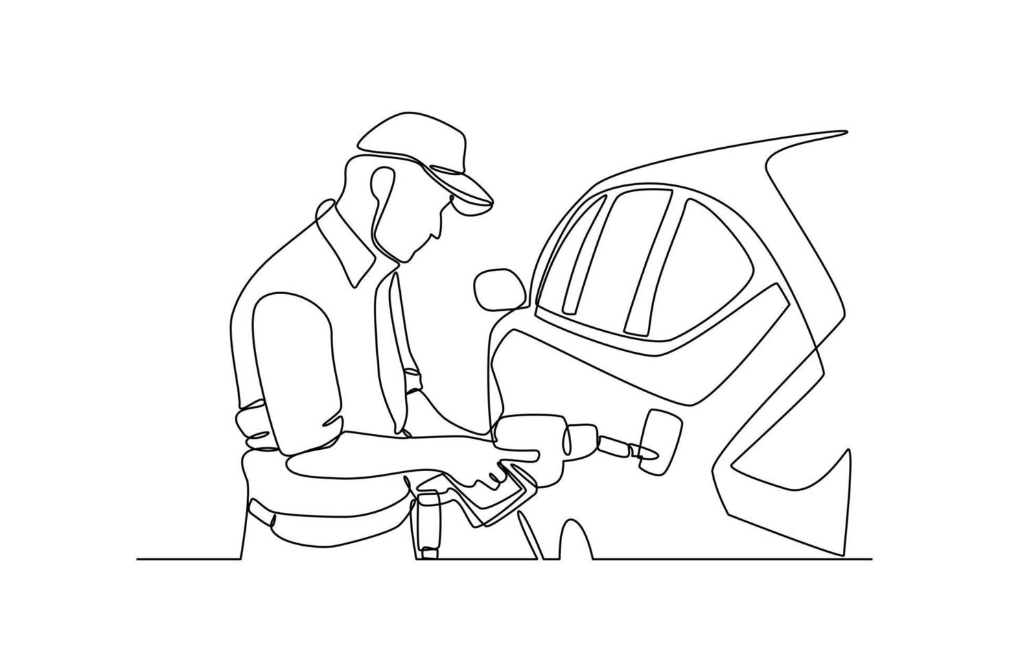 Single one line drawing Gas Station Worker refueling car. Gas station concept. Continuous line draw design graphic vector illustration.