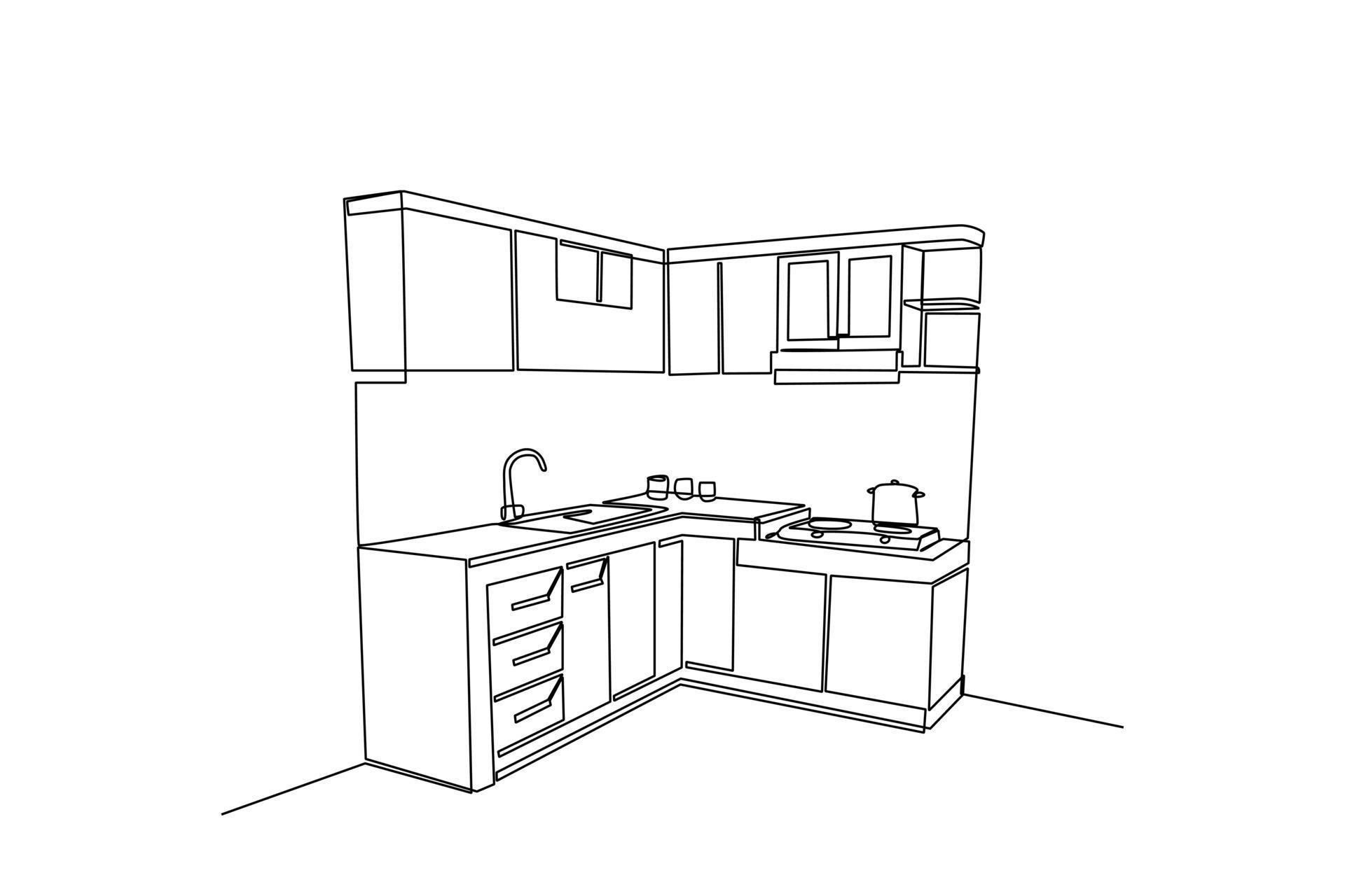 Single one line drawing Modern kitchen interior. Kitchen room concept ...