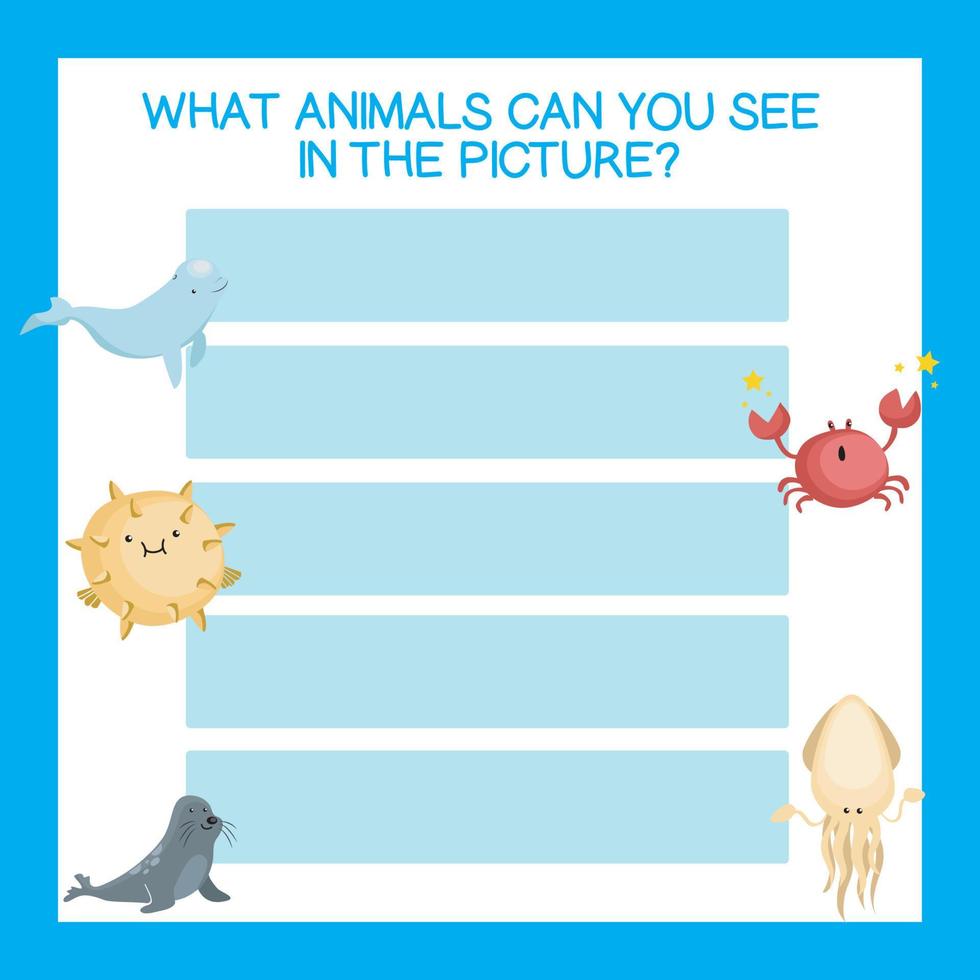 What sea animals can you see in the picture worksheet. Cute printable template. Preschool Education. Vector illustration.