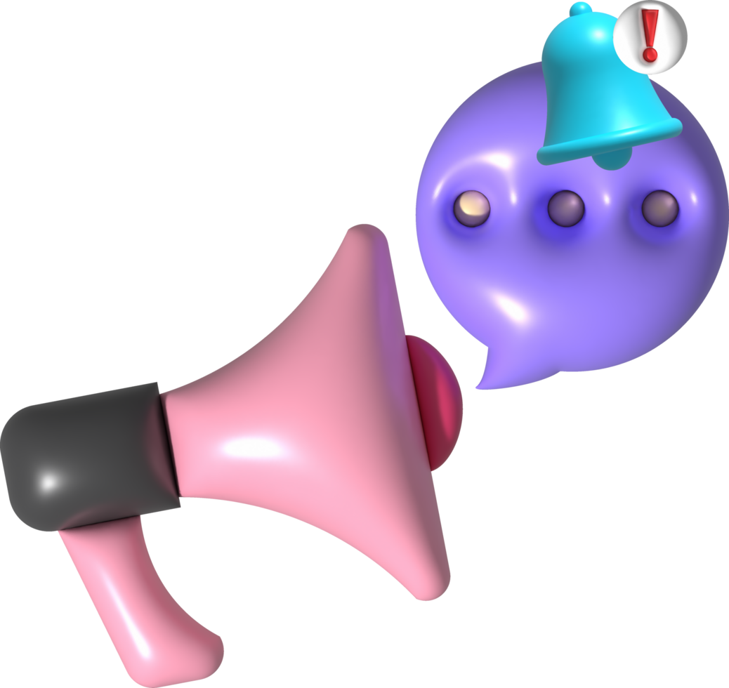 illustration 3D . Announcement megaphone with message notification bell. png