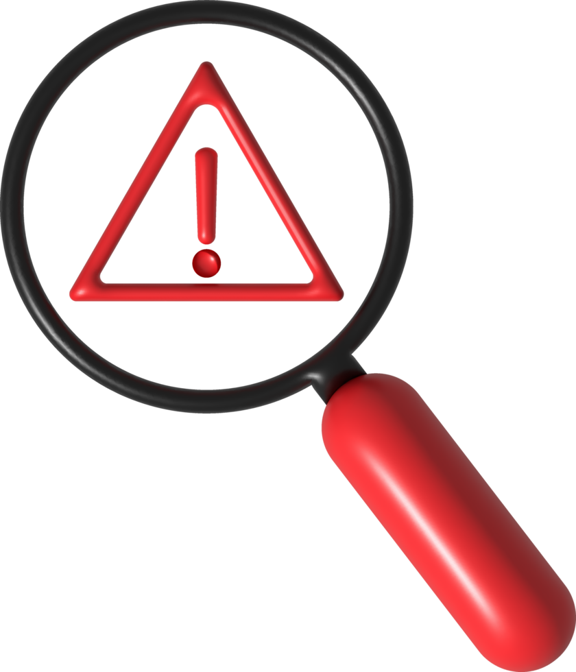 illustration 3D magnifying glass looking for warning png