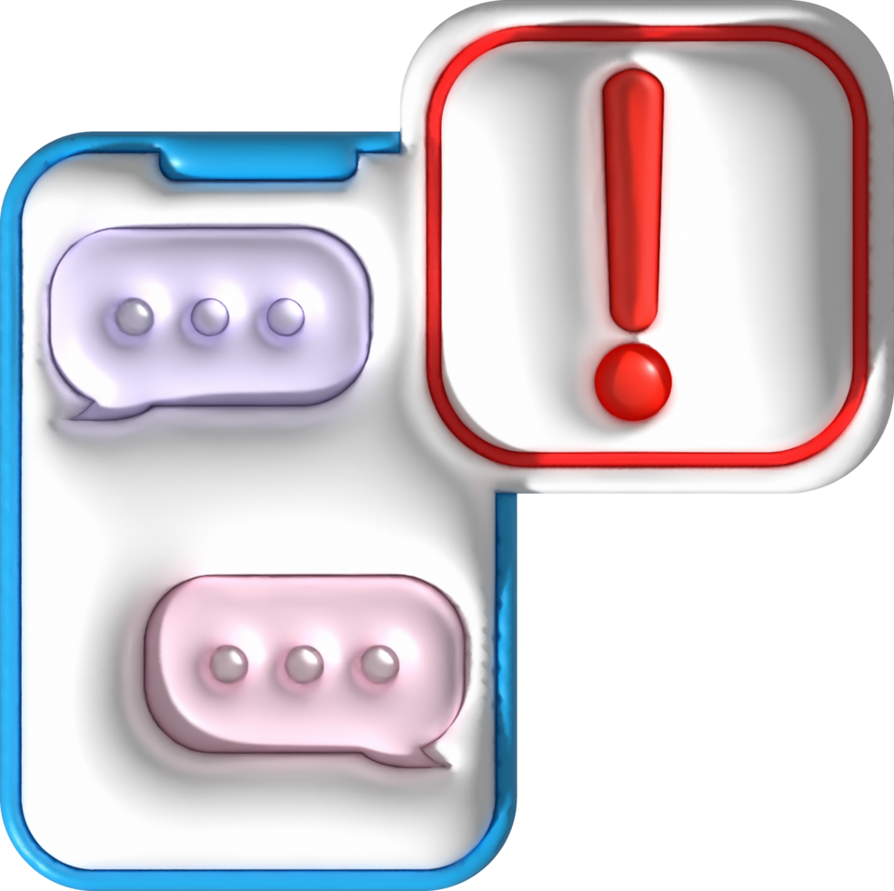 illustration 3D , cell phone chat message with caution alert symbol png