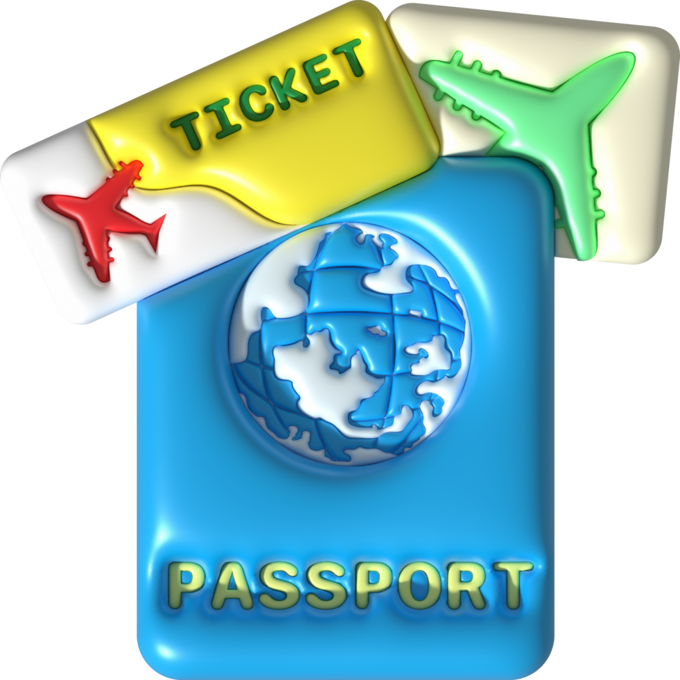 illustration 3d de passeport livre et Voyage billet identification document png