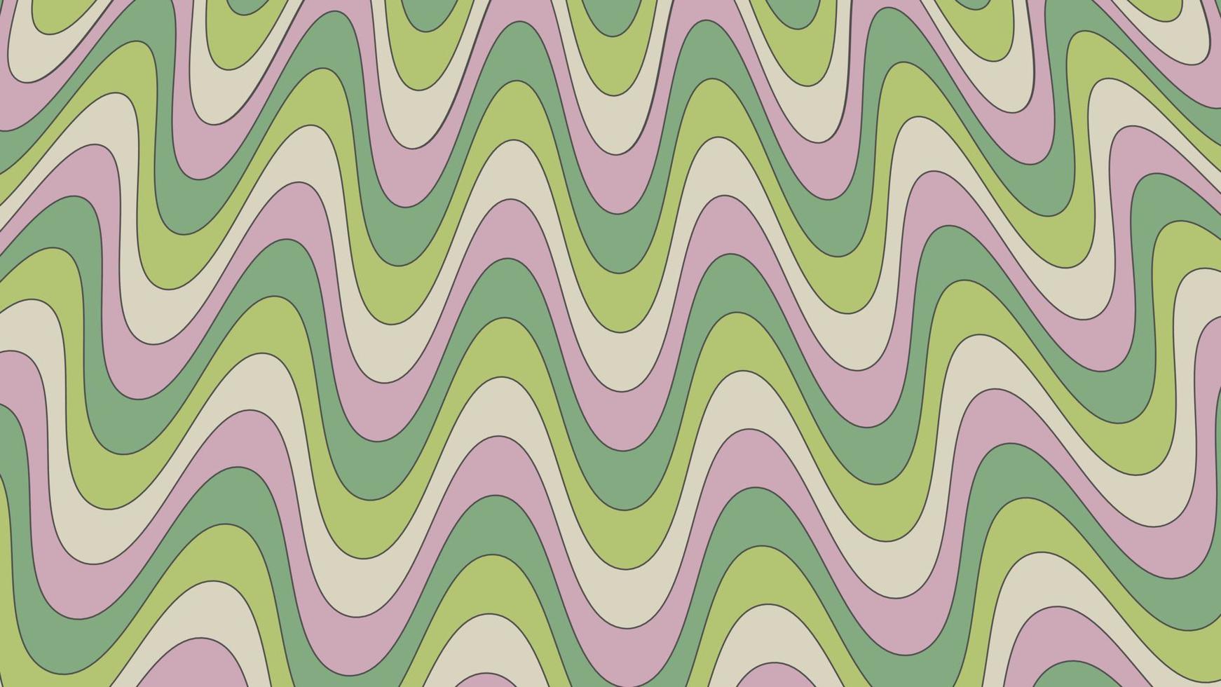 Groovy psychedelic wavy background in 70s style. Funky hippie backdrop for surface design. Abstract retro line art. Trendy vector illustration with colorful waves. Beige, pink and green pastel color