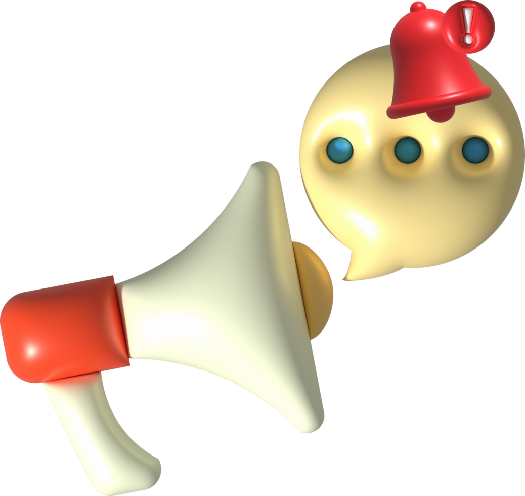 illustration 3D . Announcement megaphone with message notification bell. png