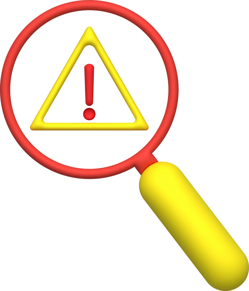 illustration 3D magnifying glass looking for warning png