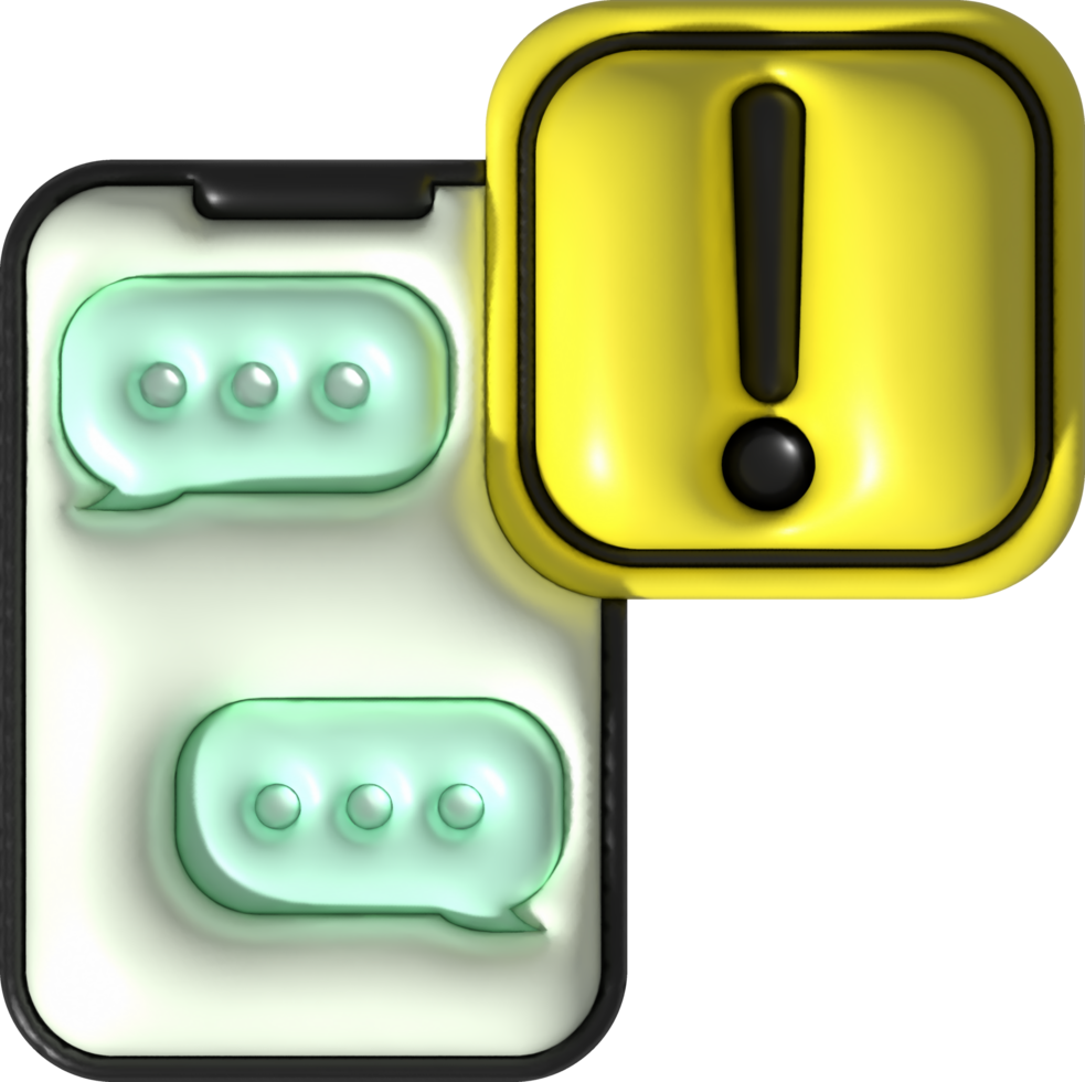 illustration 3D , cell phone chat message with caution alert symbol png