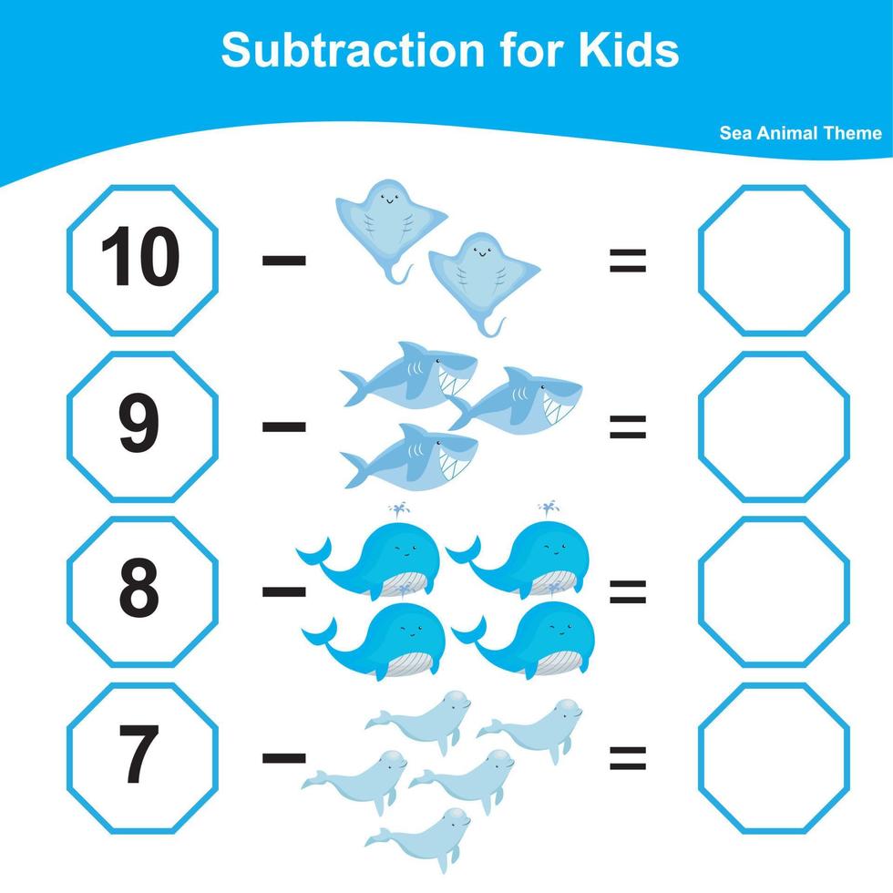 Count and write together worksheet. Educational printable math worksheet. Math game for children. Subtraction math worksheet. Vector illustration.