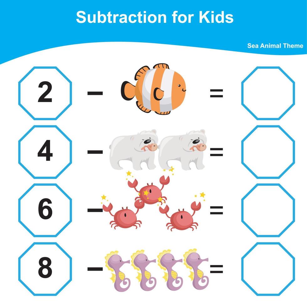Count and write together worksheet. Educational printable math worksheet. Math game for children. Subtraction math worksheet. Vector illustration.