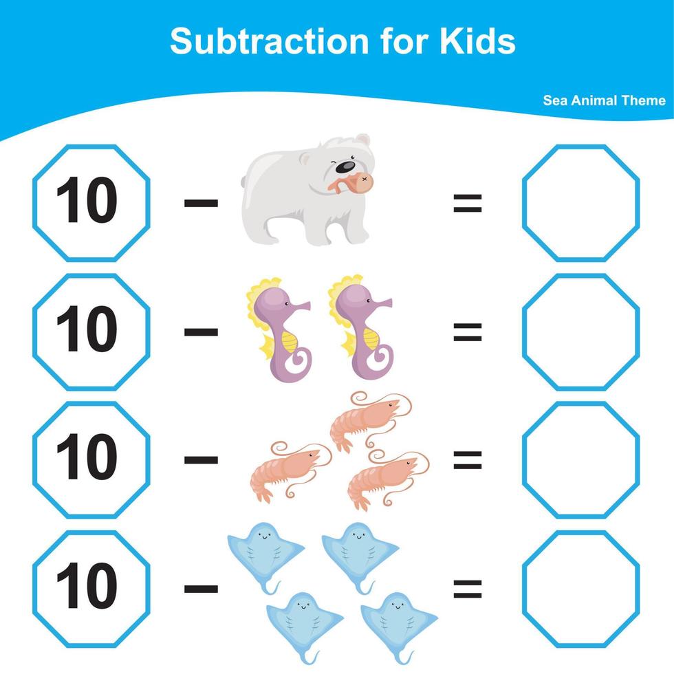 Count and write together worksheet. Educational printable math worksheet. Math game for children. Subtraction math worksheet. Vector illustration.
