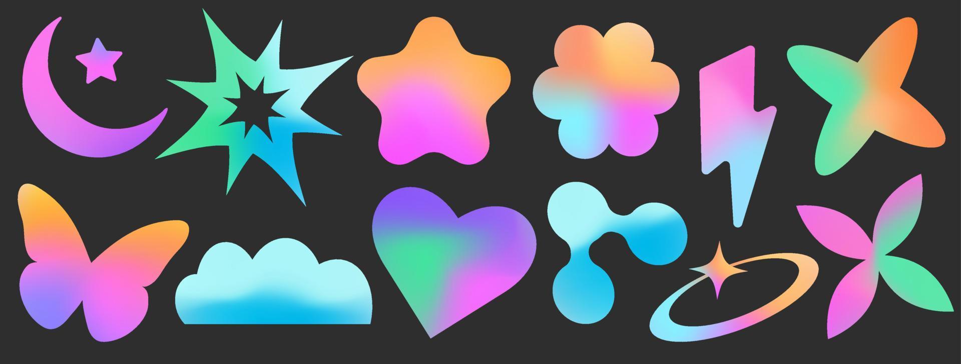 Set of mesh blurred unfocused gradient stickers in neon colors. Abstract y2k geometric shapes in trendy retro style. Heart, flower, daisy, butterfly, star, moon vector