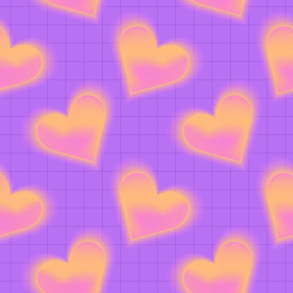 Trendy seamless pattern with y2k pink shiny blurred gradient hearts. Neon color background. Abstract geometric background. vector