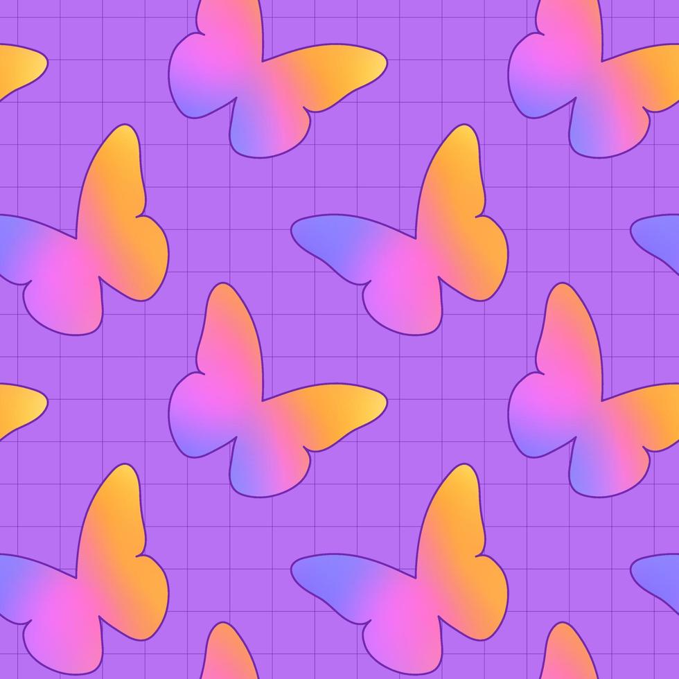 Seamless pattern with mesh blurred unfocused gradient butterfly in neon colors. Abstract y2k geometric shape in trendy retro style. vector