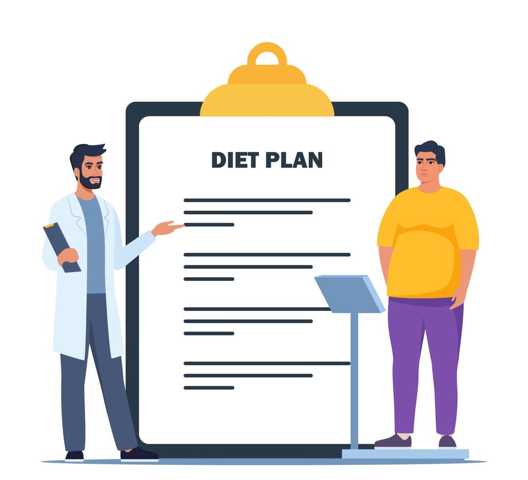 Fat man standing on weigh scales. Doctor explain about health and how to loose weight, Diet plan for obese patient, fat control instruction, diabetes patient, control calories, sports. Vector. vector