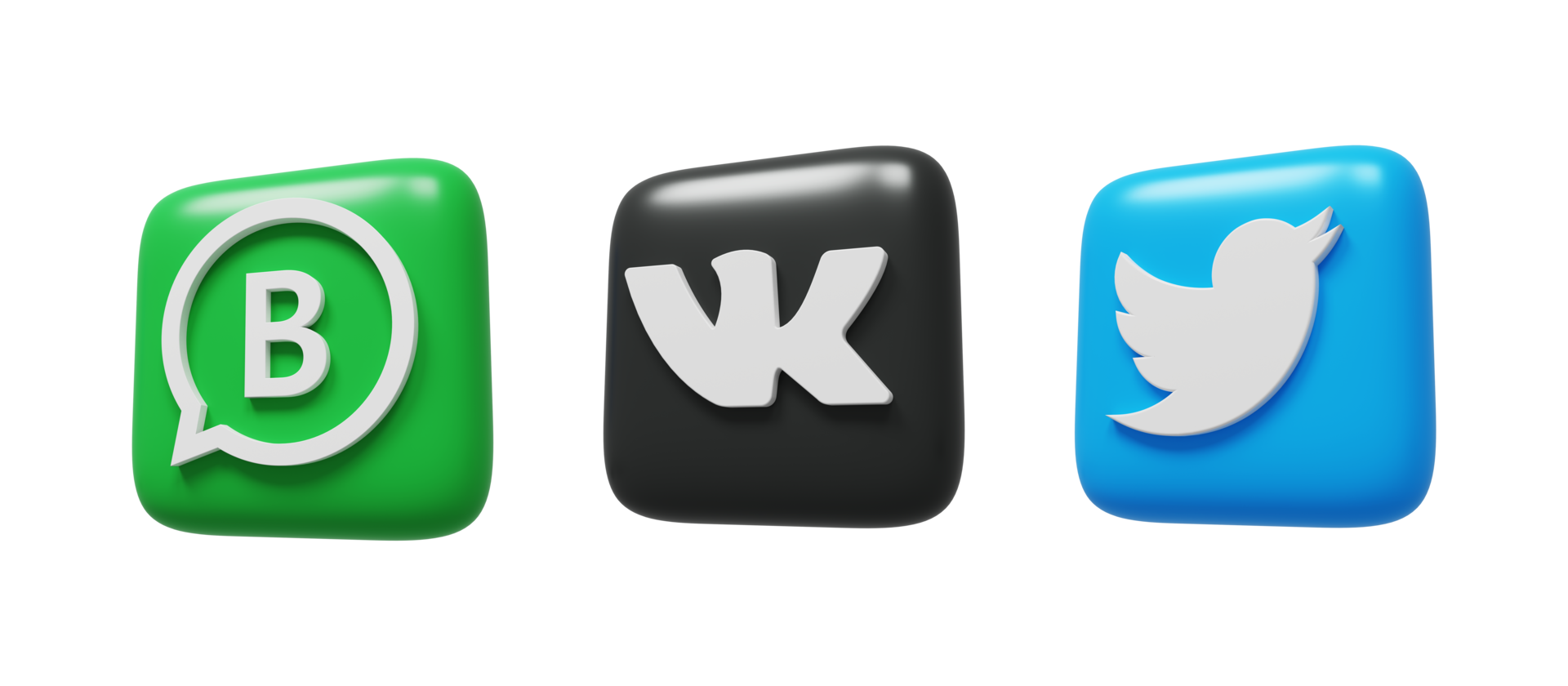 Social media icons logos 3d render. Vk, Twitter, WhatsApp Business png