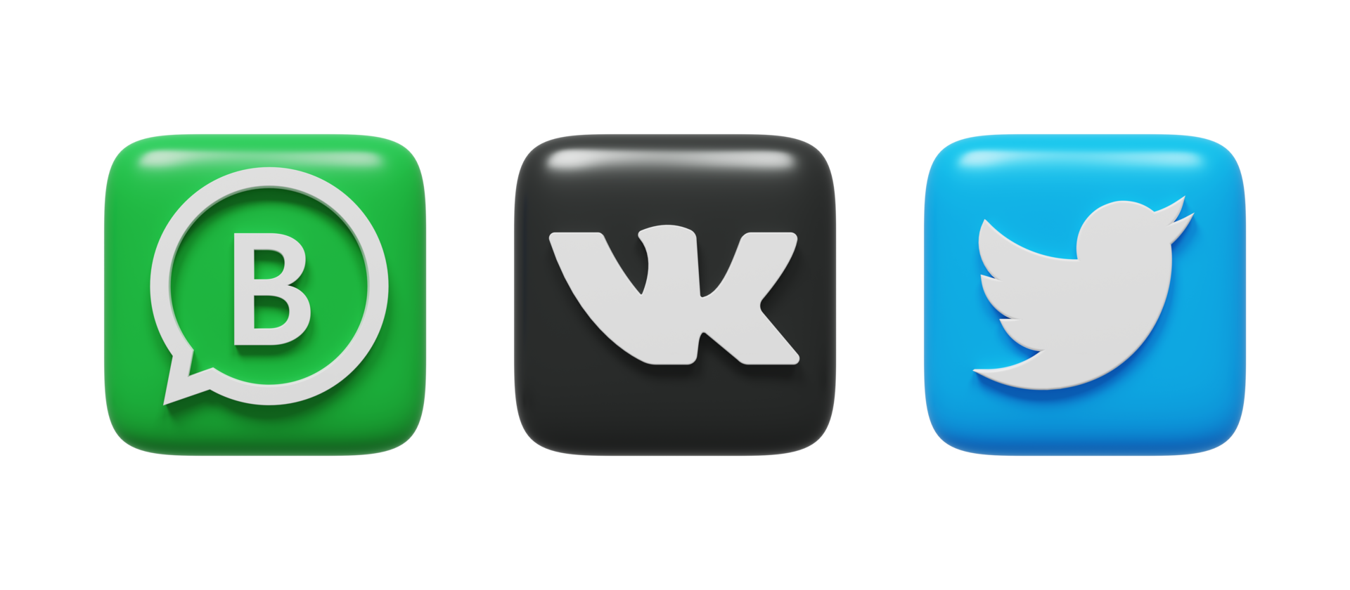 Social media icons logos 3d render. Vk, Twitter, WhatsApp Business png