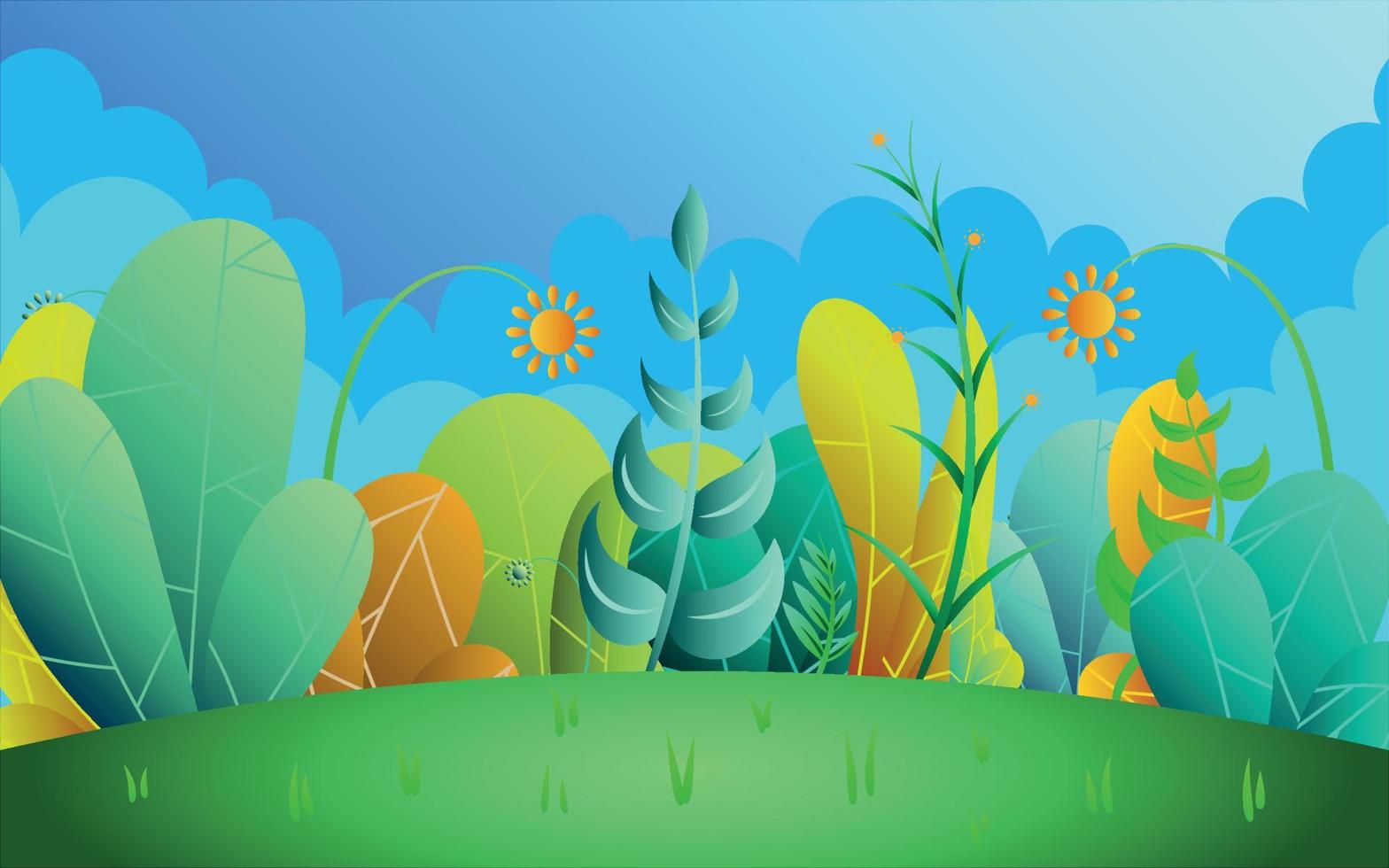 antecedentes con ilustración de paisaje de dibujos animados estilo plantas con cielo en el tarde, vector