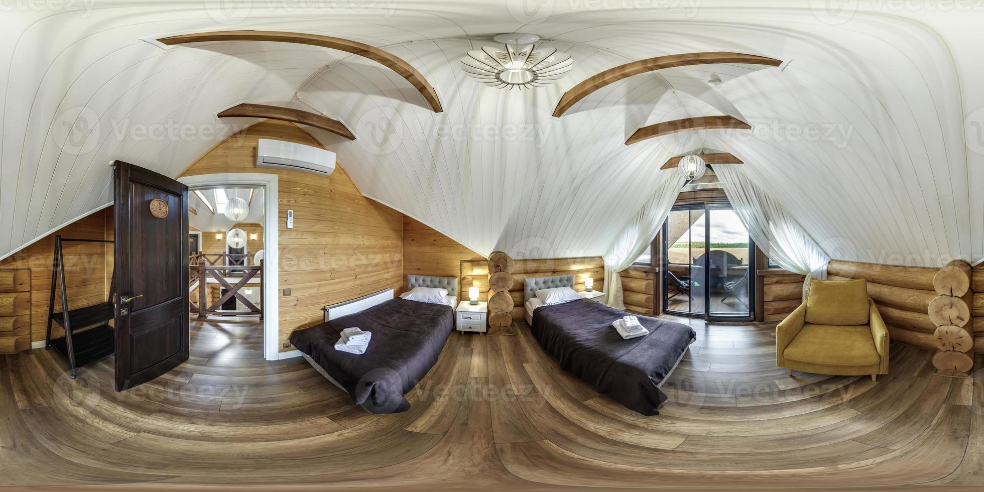 full 360 hdri panorama in interior of wooden eco bedroom in rustic style hostel or homestead on mansard floor in equirectangular projection with zenith and nadir. VR AR content photo