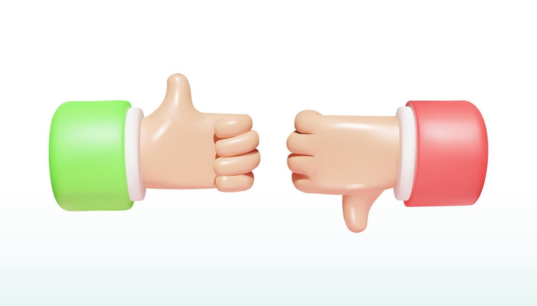 Thumbs up and down. 3D cartoon vector hands.