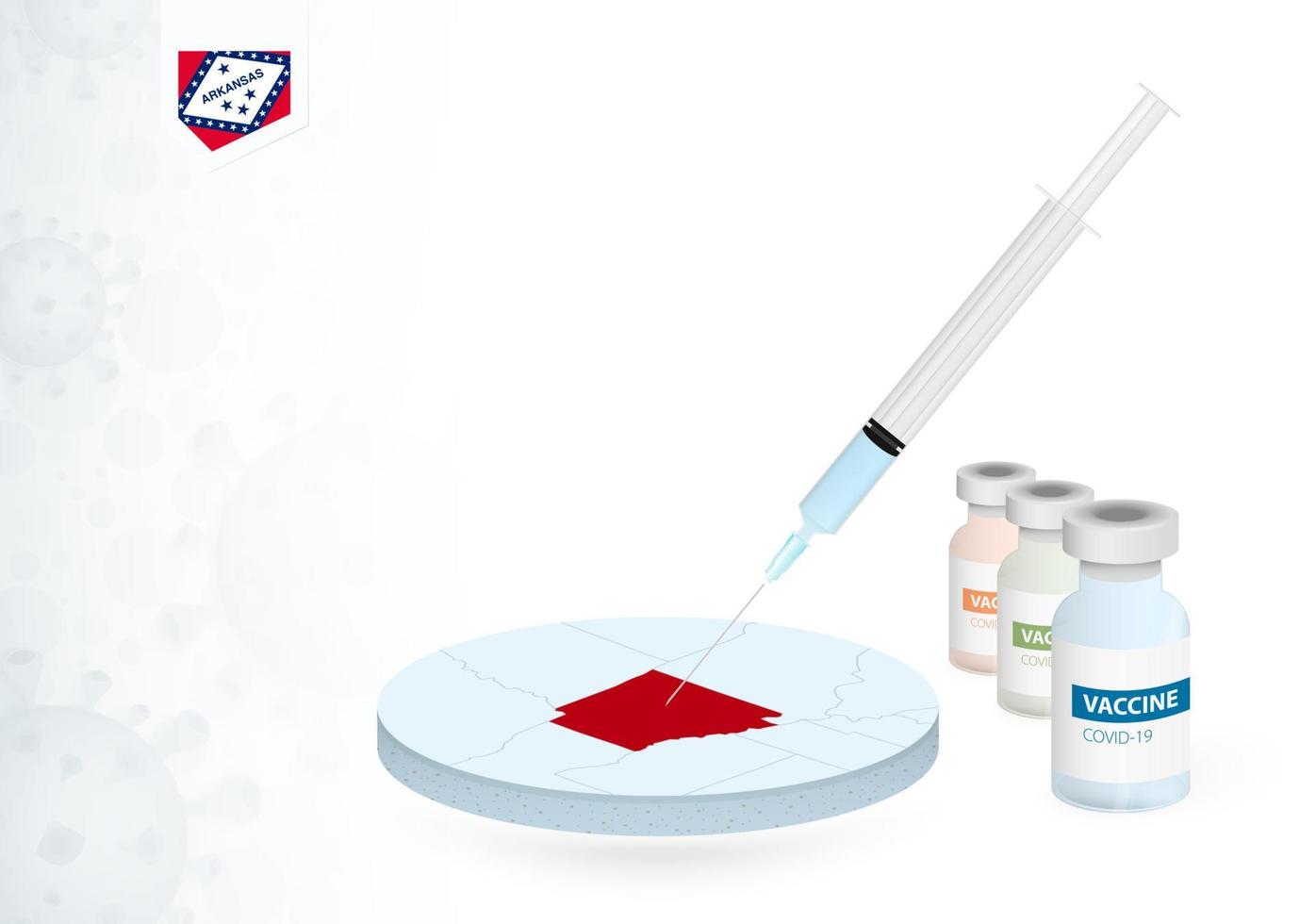 Vaccination in Arkansas with different type of COVID-19 vaccine. Concept with the vaccine injection in the map of Arkansas. vector