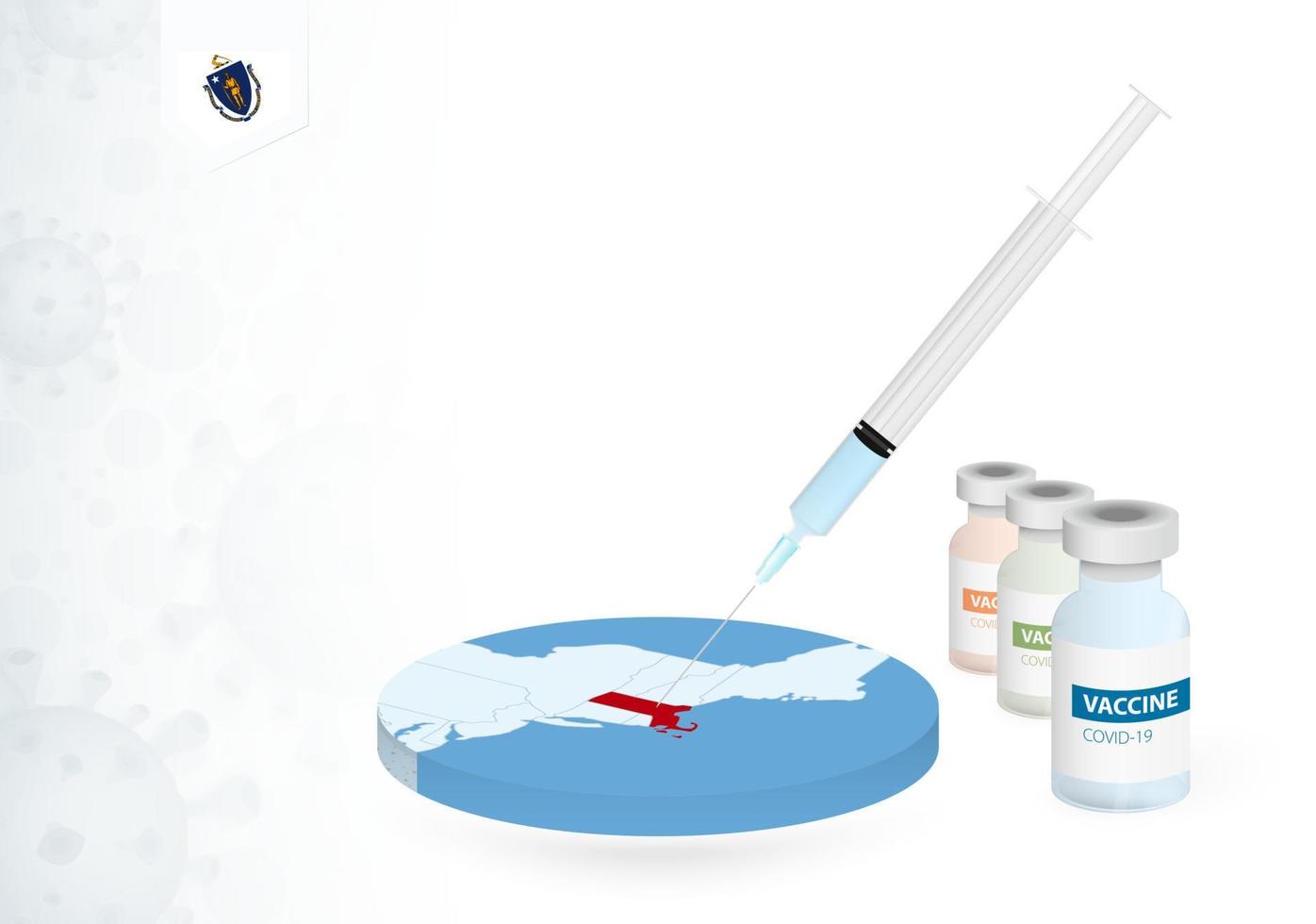 Vaccination in Massachusetts with different type of COVID-19 vaccine. Concept with the vaccine injection in the map of Massachusetts. vector