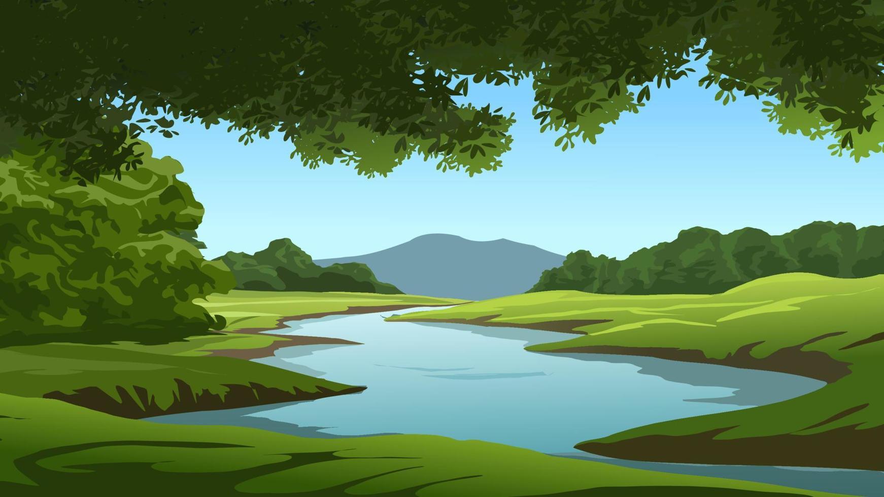 hermosa bosque paisaje con río y montaña en antecedentes vector