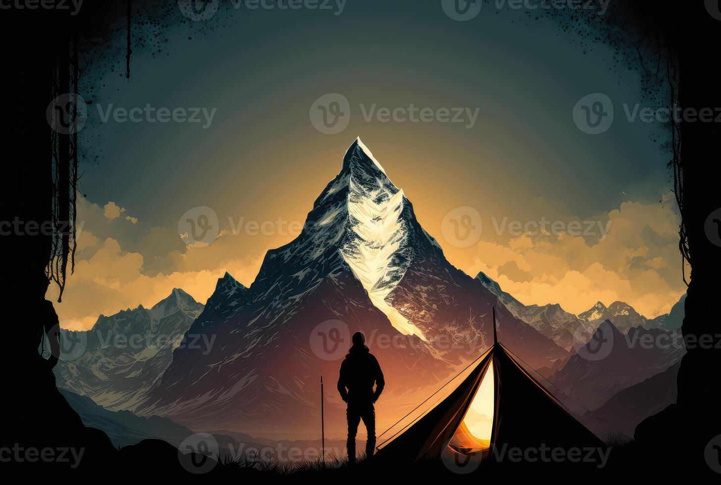 Man with tourist backpack, tent and mountains abstract flat background. photo