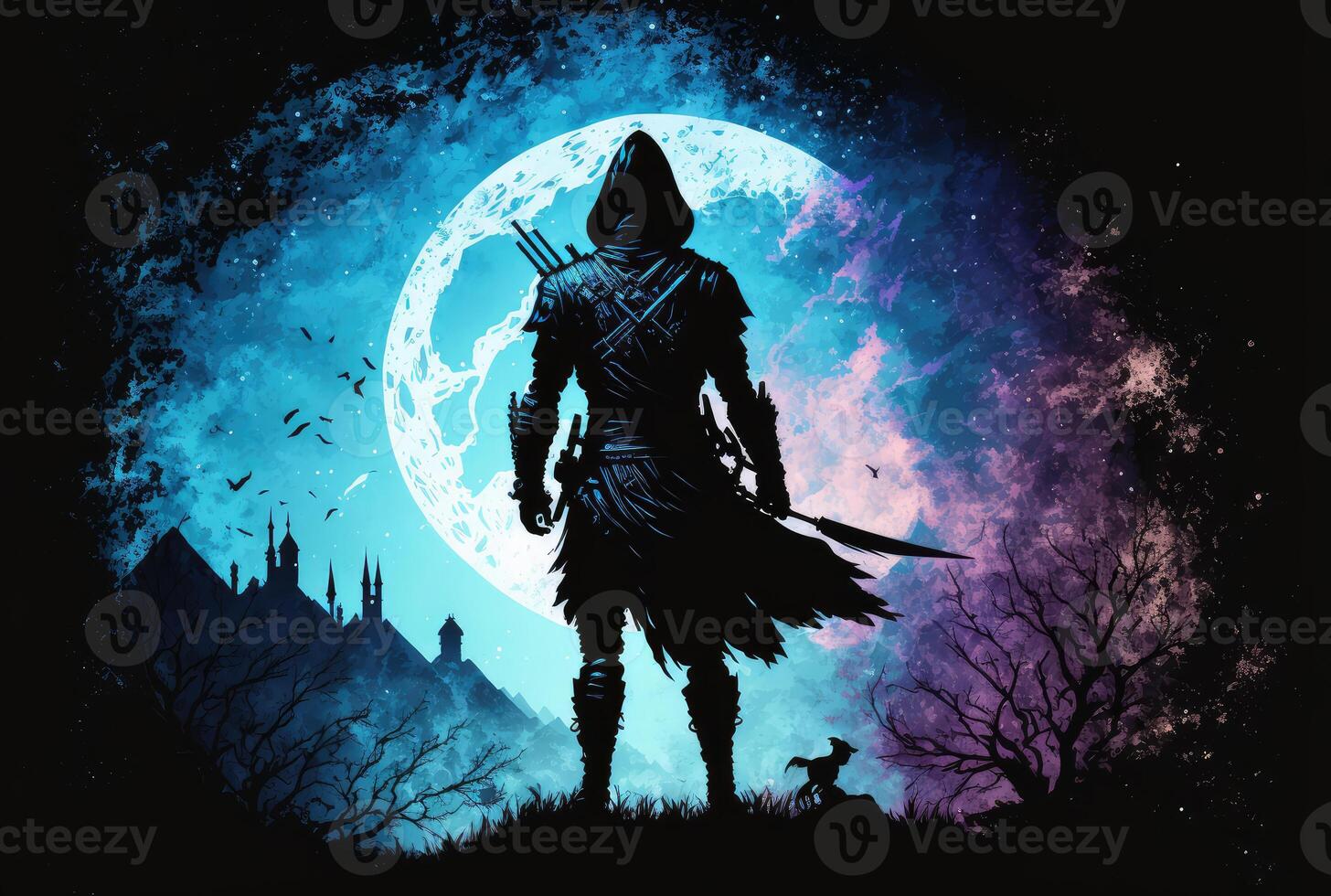 Assassin on full moon background. photo