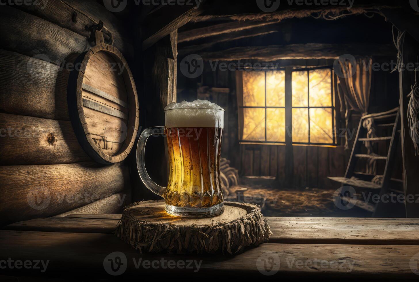 Mug of beer in the forest house. photo