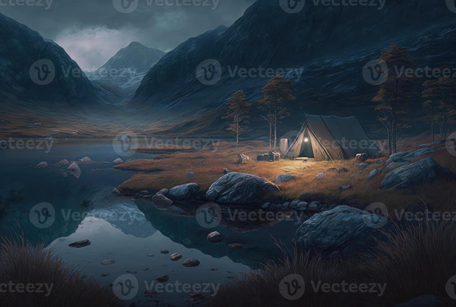 Night mountain landscape with illuminated tent. photo