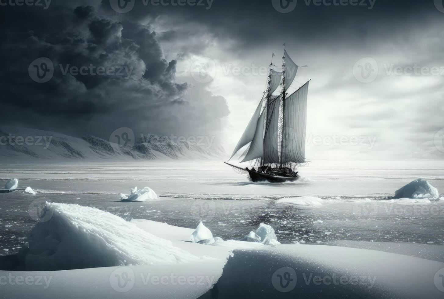 Sailboat in the winter snowy sea. photo