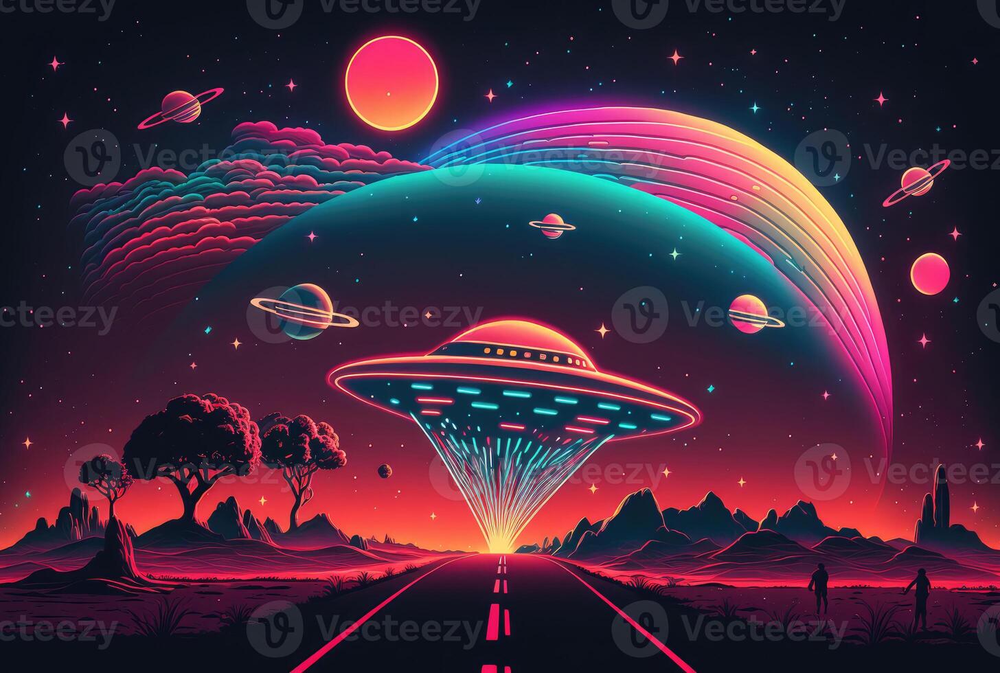 Retro neon landscape with UFO. photo