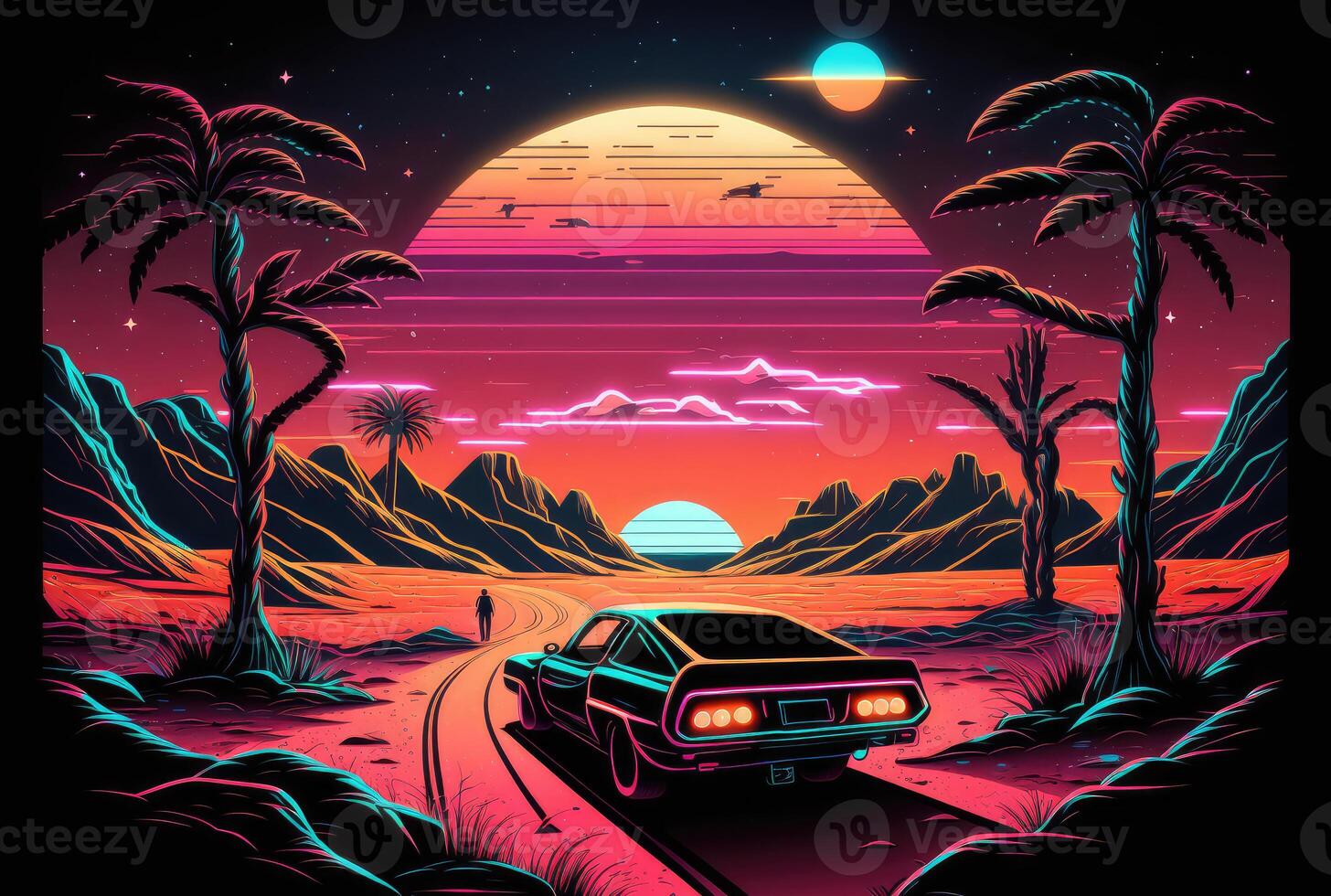 Retro neon landscape with muscle car. photo