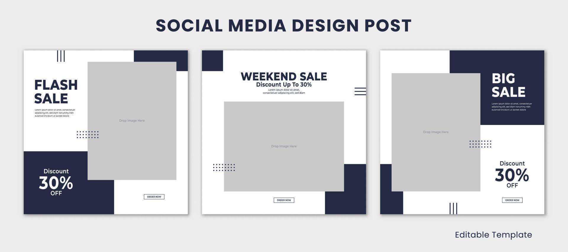 Set of 3 Editable Template Social Media Design Post with Rectangle Frame and Blue Navy Color Theme. Suitable for Post, Sale Banner, Promotion, Ads, Advertising, Fashion, Beauty, Food, ETC vector