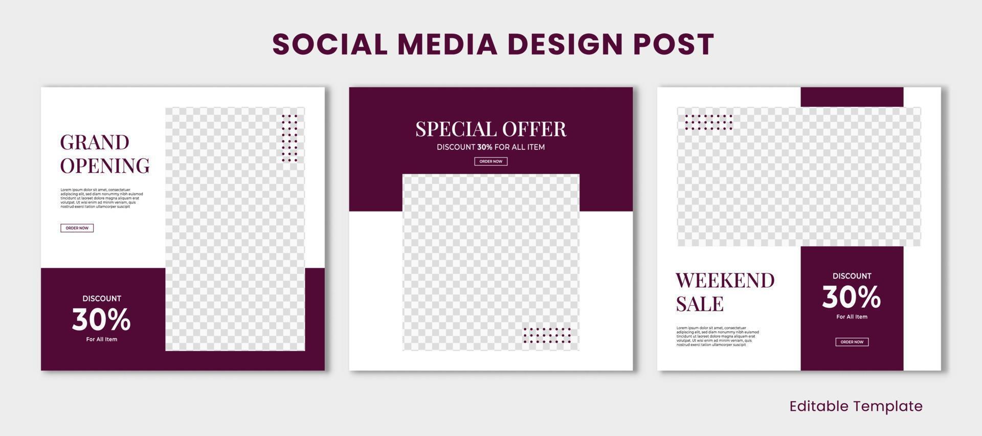 conjunto de editable modelo social medios de comunicación diseño enviar rectangular marco y púrpura blanco color tema. adecuado para correo, rebaja bandera, anuncios, promoción, producto, negocio, compañía, moda, belleza vector