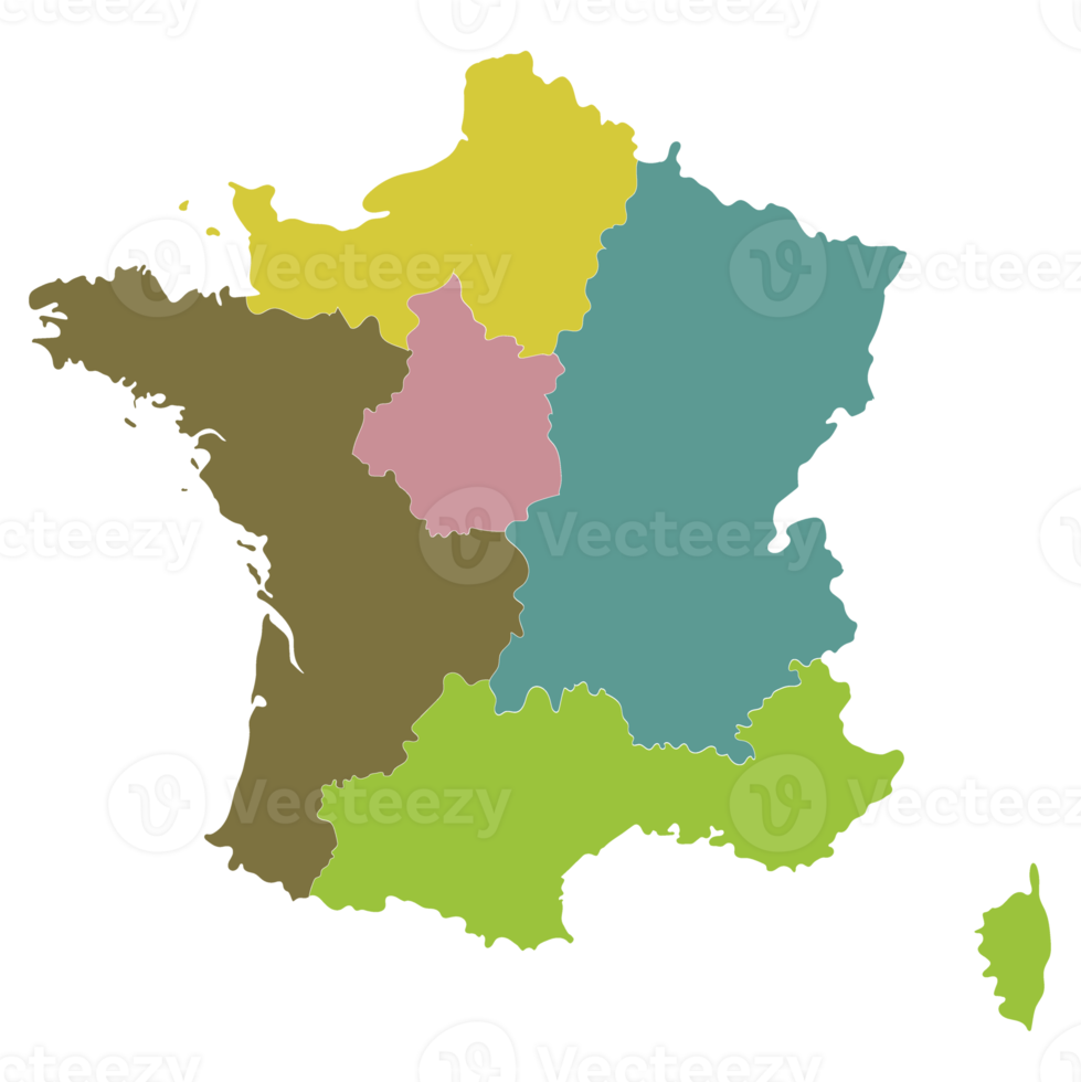 Frankrike Karta med hög detalj och Flerfärgad förvaltningar regioner png