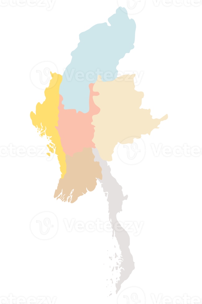 Myanmar map with six regions on transparent background png