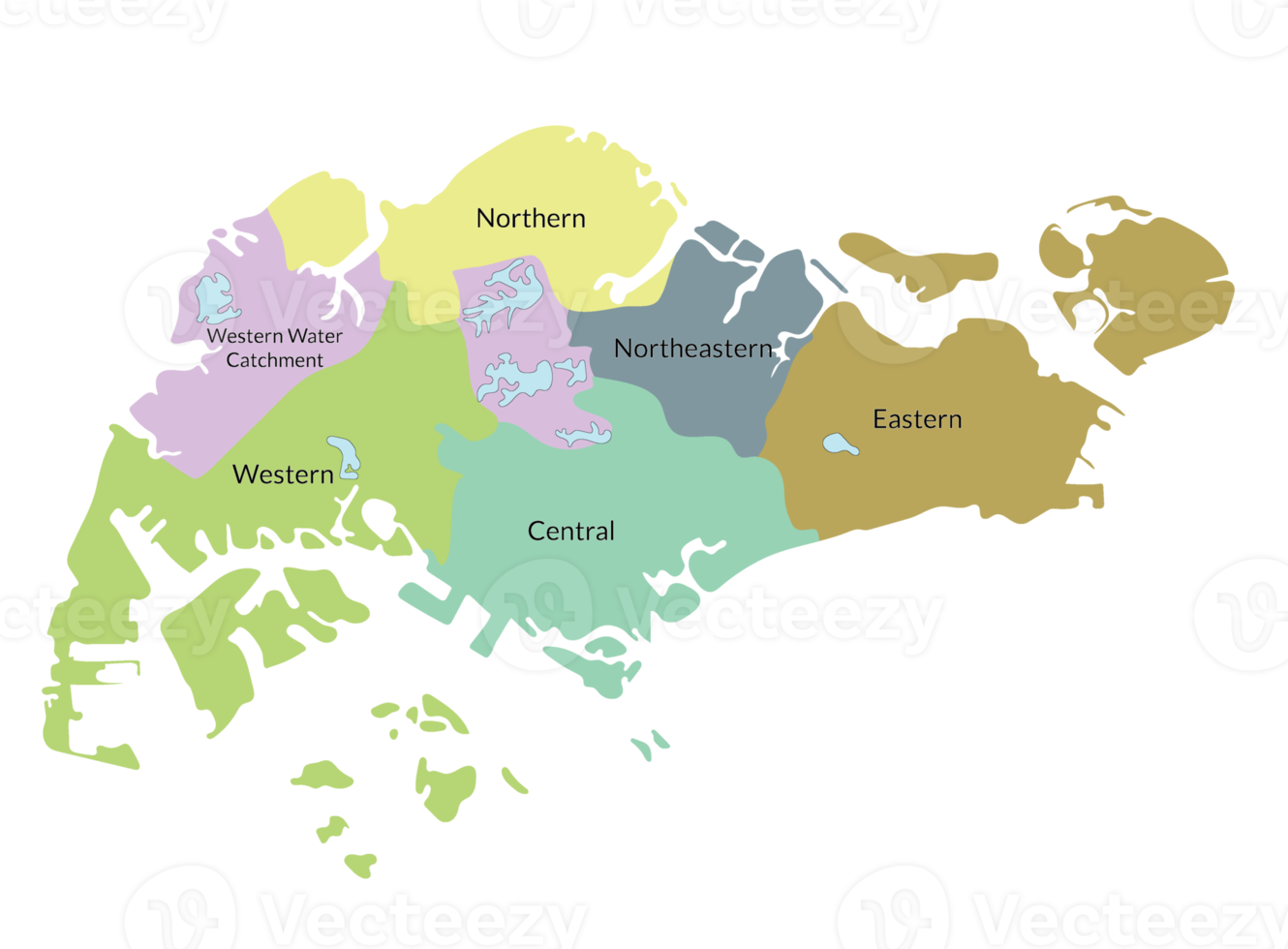 Singapore map with multicolor six regions png