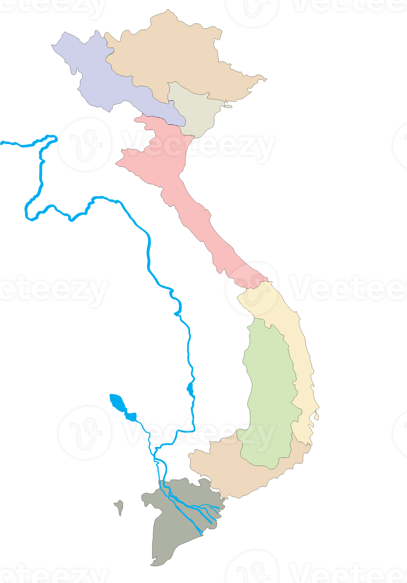 Map of Vietnam eight regions, Mekong River basin, Tonle Sap Lake, and outline. 22797978 PNG