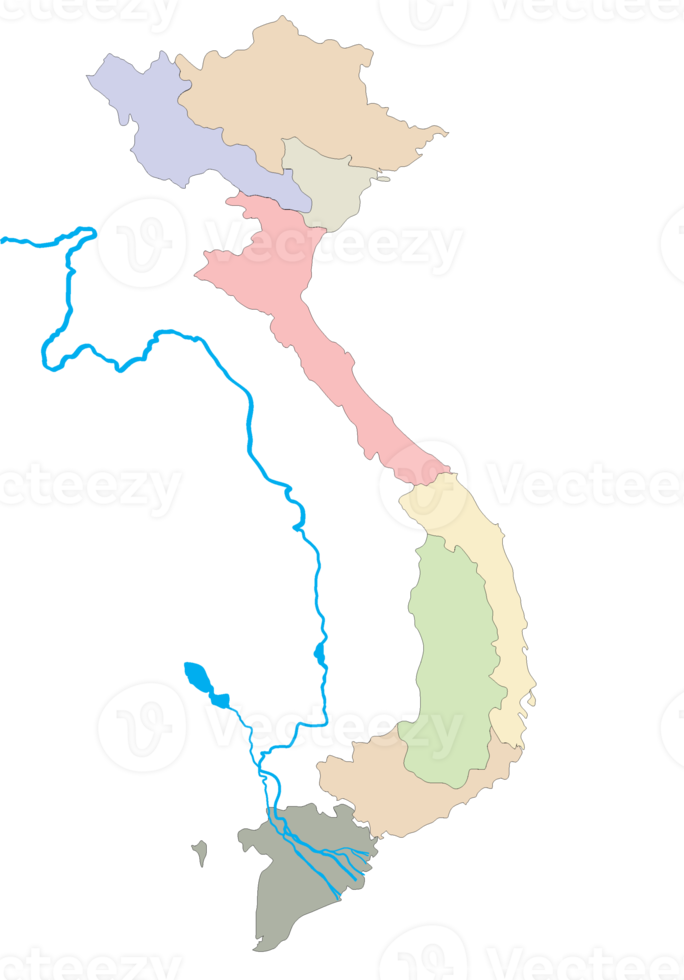 Map of Vietnam eight regions, Mekong River basin, Tonle Sap Lake, and outline. png