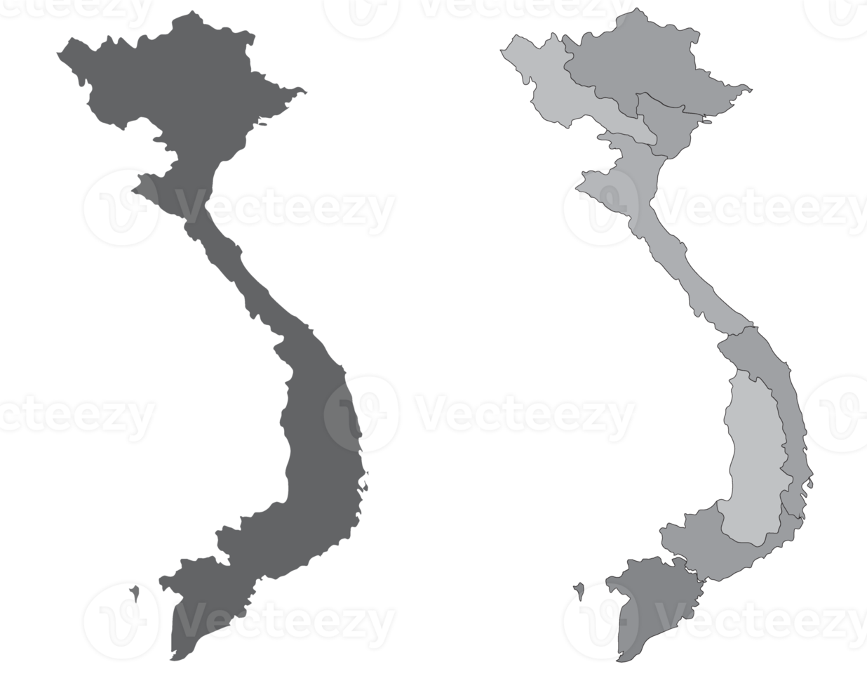 Vietnam map set with eight regions, grey color and outline. png