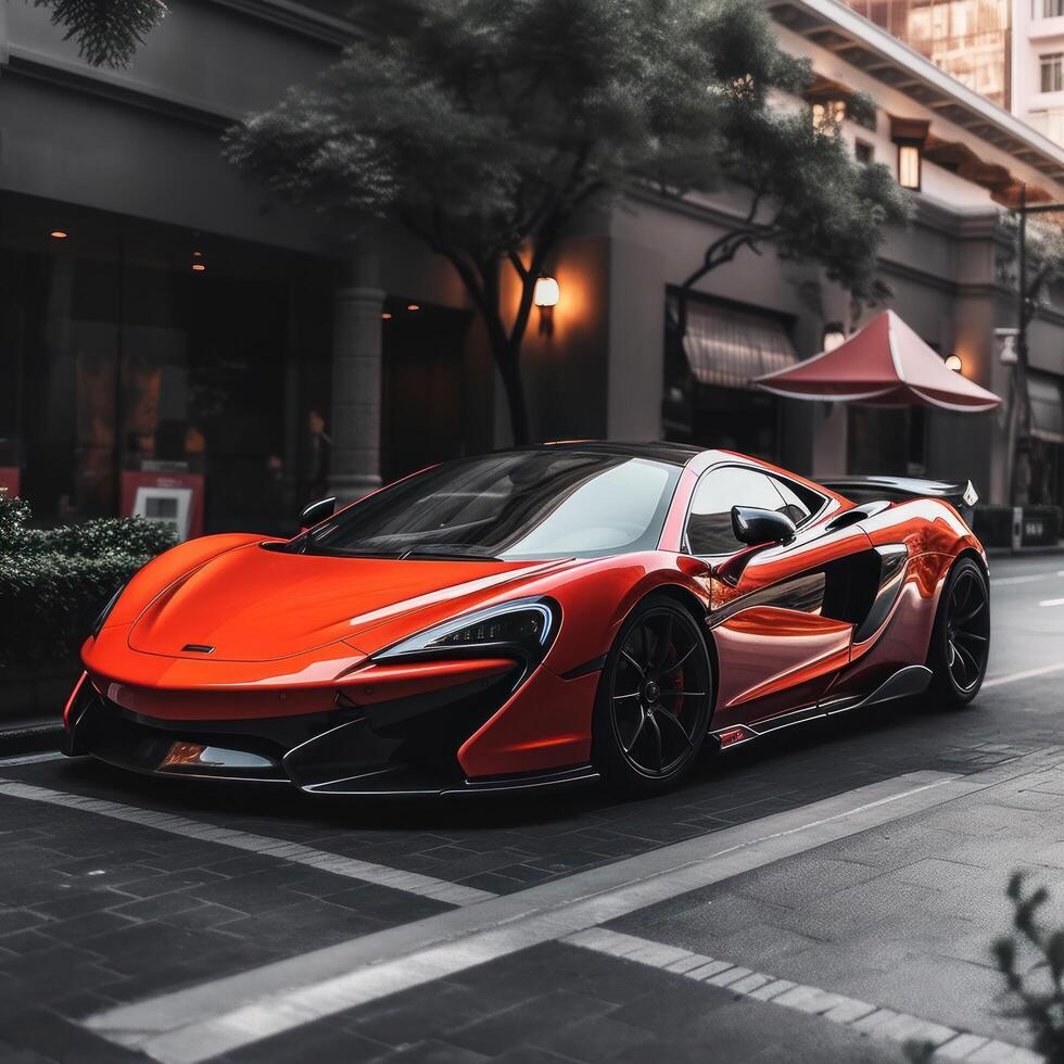 A modern super beautiful red car on the road photo