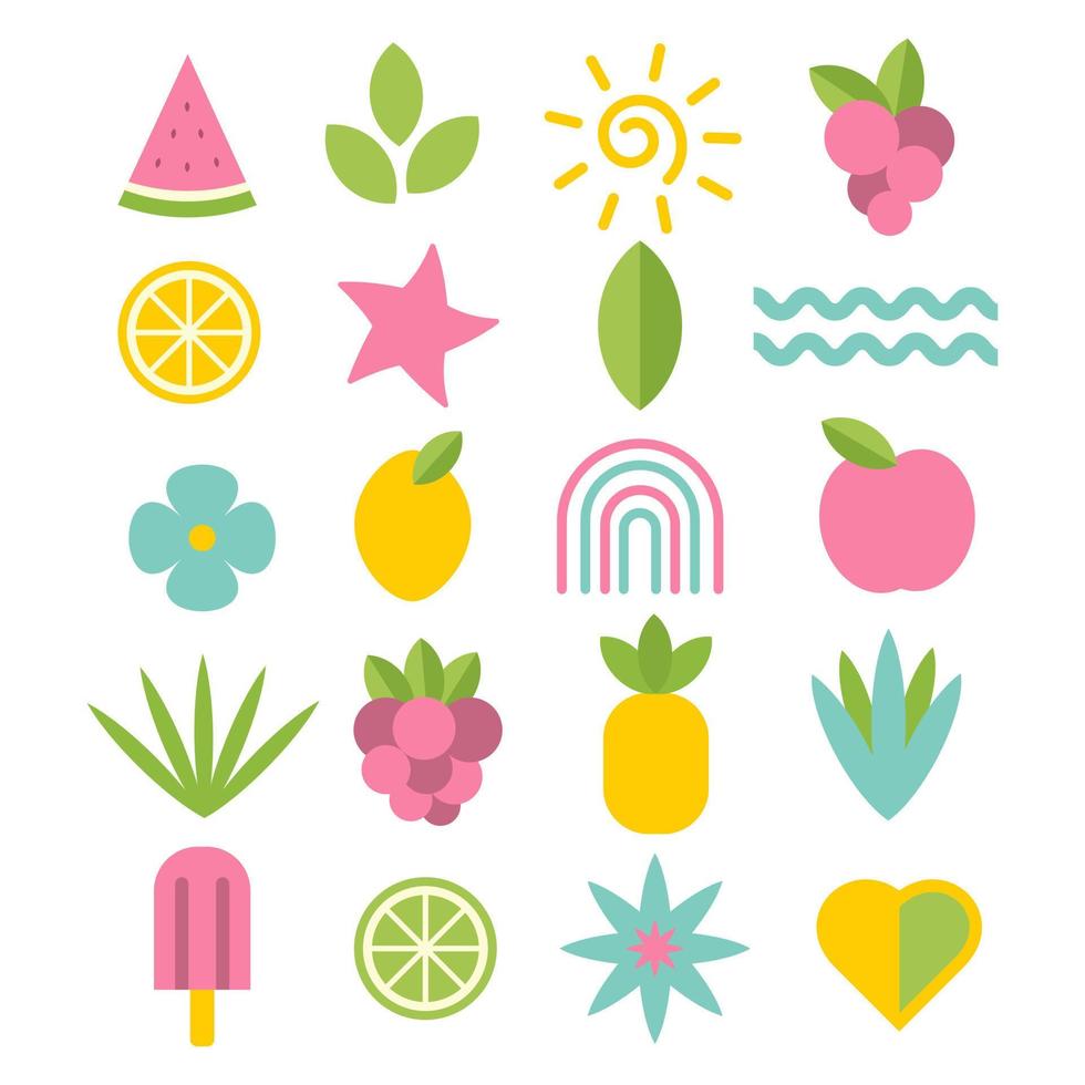 A set of fruits, flowers, leaves, the sun in the form of geometric shapes. Vector illustration