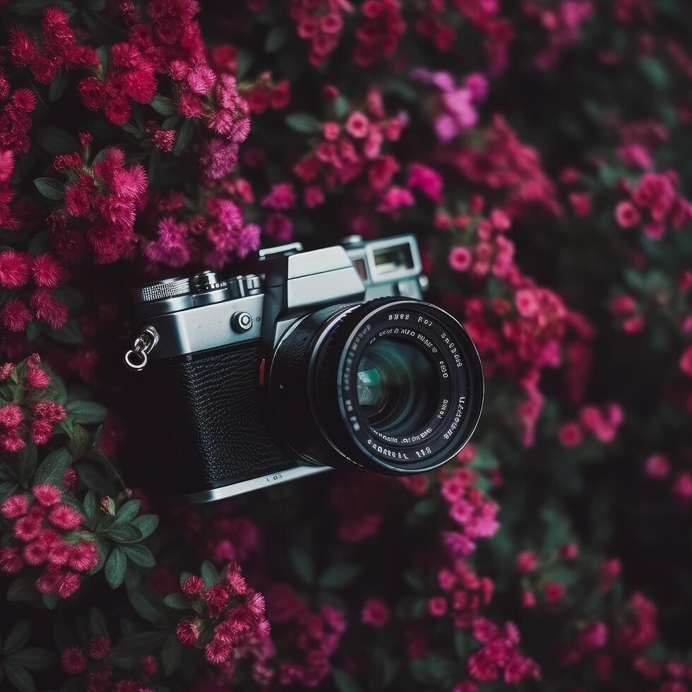 Beautiful camera with beautiful pink flowers photo