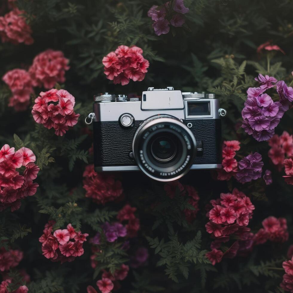 Beautiful camera with beautiful colorful flowers photo