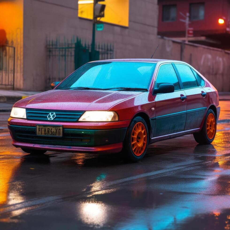 Amazing red car standing on the wet road photo