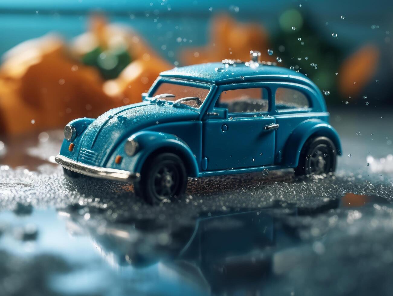 wet Toy car product photography dynamic bright background photo